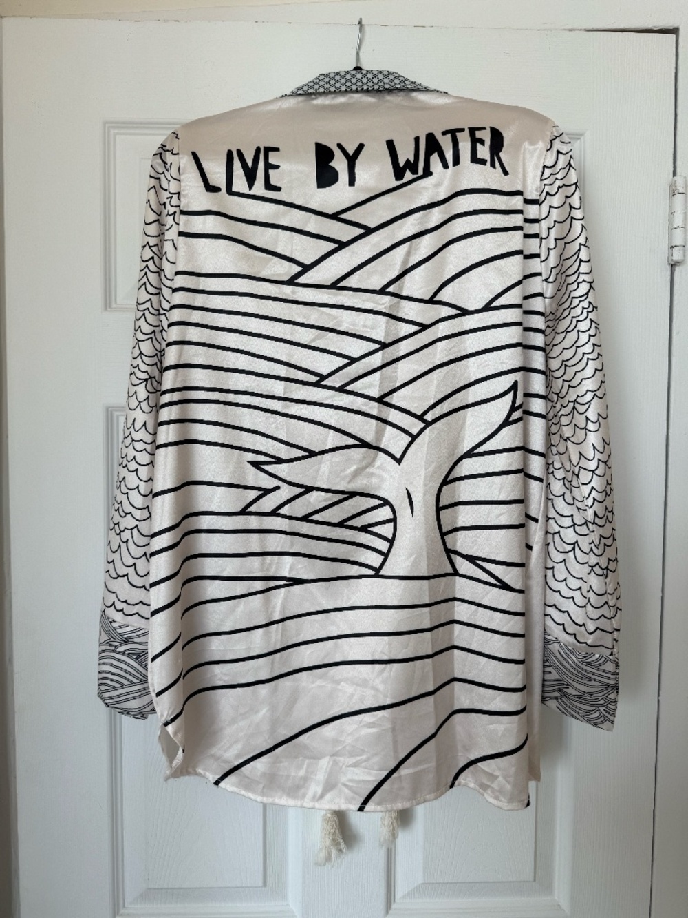 Beach Graphic Satin Lounge Set | Coastal Print Button-Up Shirt & Shorts | Vacati - Picture 8 of 10